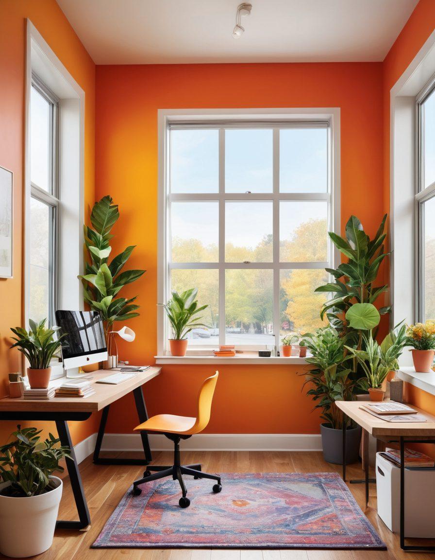 A vibrant and inviting workspace featuring ergonomic furniture, colorful plants, and innovative tools that promote creativity and happiness. Soft natural light filters through a large window, illuminating a desktop filled with cheerful stationery and technology. A cozy reading nook in the corner adds to the warmth of the space, with pops of color and inspiring artwork on the walls. The overall atmosphere exudes positivity and productivity, encouraging viewers to rethink their work environment. super-realistic. vibrant colors. bright background.