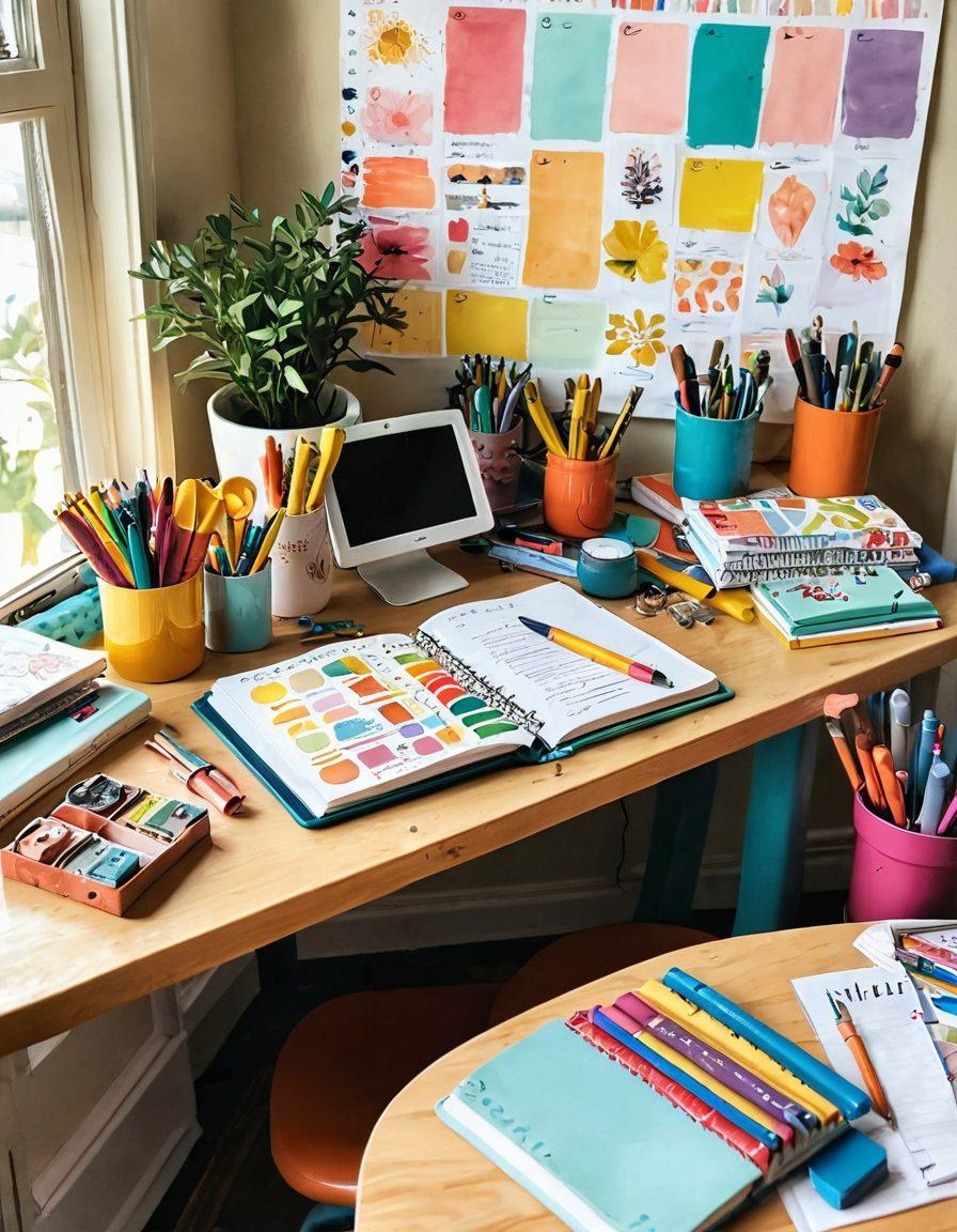 A colorful workspace filled with cheerful and whimsical tools, like playful paintbrushes, smiling staplers, and vibrant planners, radiating positivity. The scene has soft, warm lighting that enhances joy and satisfaction, with subtle hints of nature in the background. A person joyfully engaged in a task at a desk covered in these tools. The image conveys a sense of happiness and productivity. bright colors. illustration style. light and airy. whimsical.