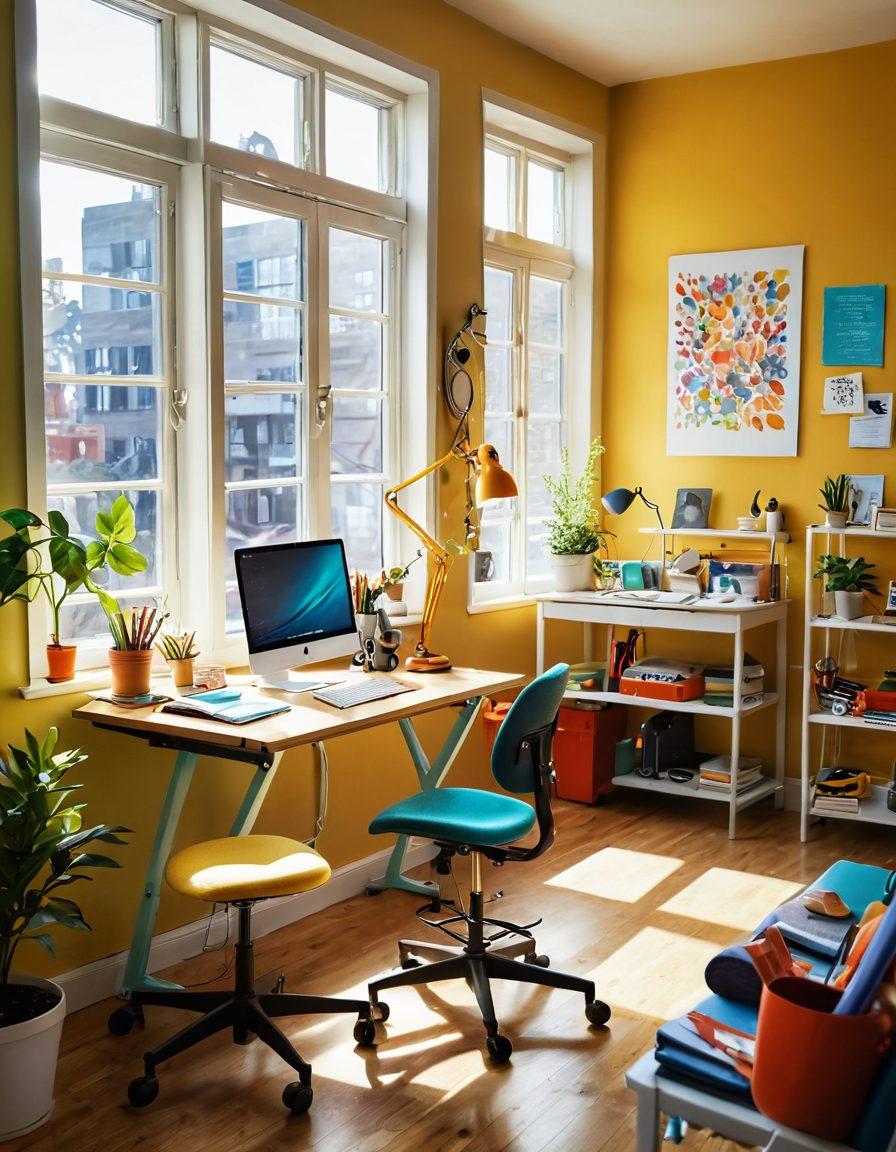 A vibrant workspace filled with colorful and innovative tools and equipment, representing joy and creativity. Include a cheerful person using a bright, ergonomic chair and a standing desk while surrounded by playful gadgets that inspire productivity. Sunlight streams through a window, adding warmth to the scene. The overall atmosphere should evoke a sense of happiness and transformation in work life. super-realistic. vibrant colors. bright background.